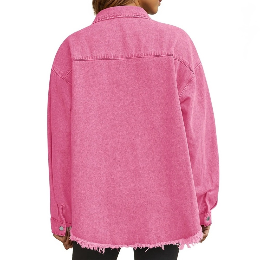 Fantaslook Pink Distressed Denim Jacket/Shacket w/ Frayed Hem, SZ S NWOT - Picture 10 of 13